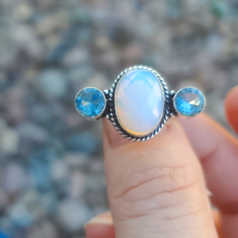 New Opalite &  Blue Topaz Silver Ring.